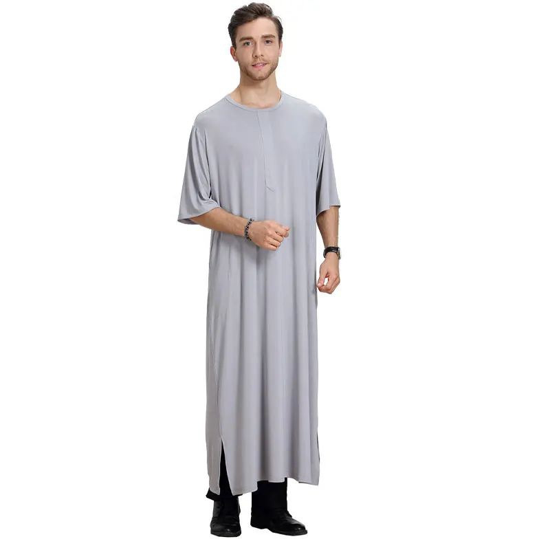 

2021 Summer men Muslim jubah thobe abaya moroccan turkish cloth robe islamic short sleeve arabic dubai jubba VKAB1010