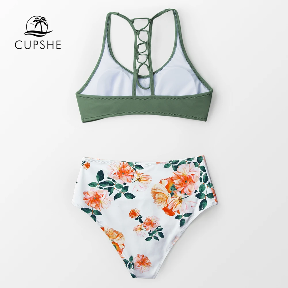 Женский купальник бикини CUPSHE зеленый с высокой талией и цветочным принтом на