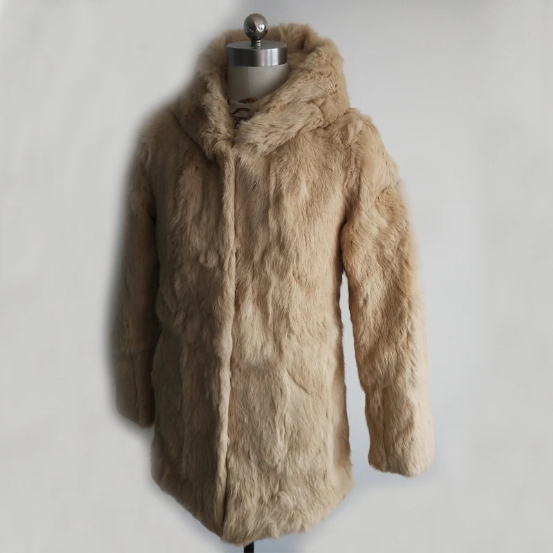 Пальто с капюшоном из натурального кроличьего меха куртка цельного пальто