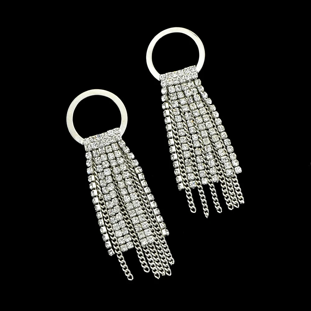 Silver Color Statement Earrings with Full Rhinestone Circle Long Chain Tassel Drop Luxury Brand Women Jewelry Bijoux | Украшения и