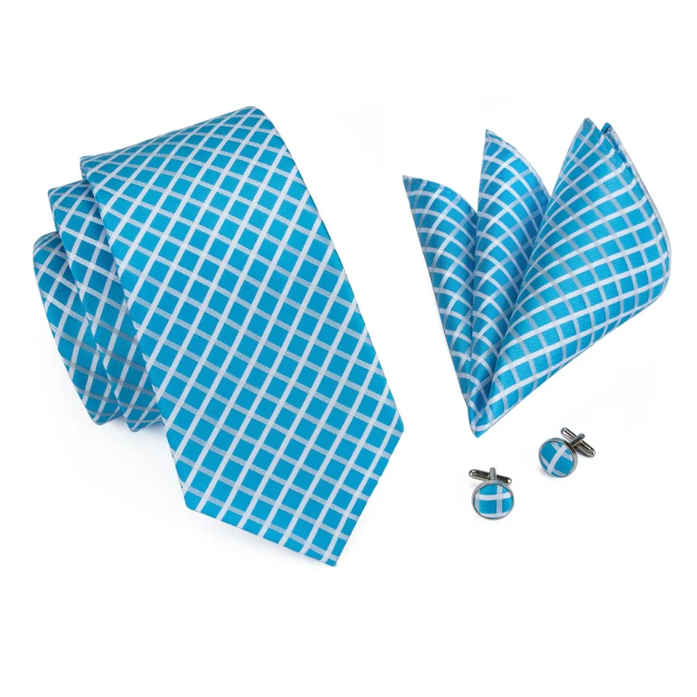 SN-528 белый Dodgerblue клетчатый галстук Hanky запонки наборы мужские 100% шелковые