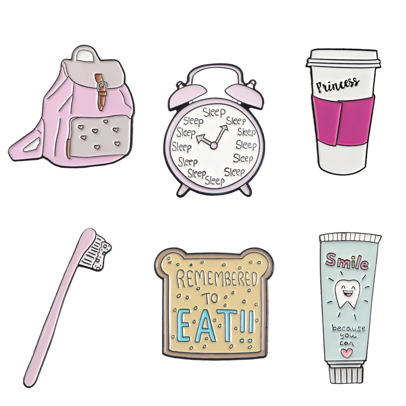 

Morning Time Cartoon Alarm clock Toothpaste Toothbrush Bag Toast Coffee cup Enamel Pin for Worker Student Brooches Jewelry Gift