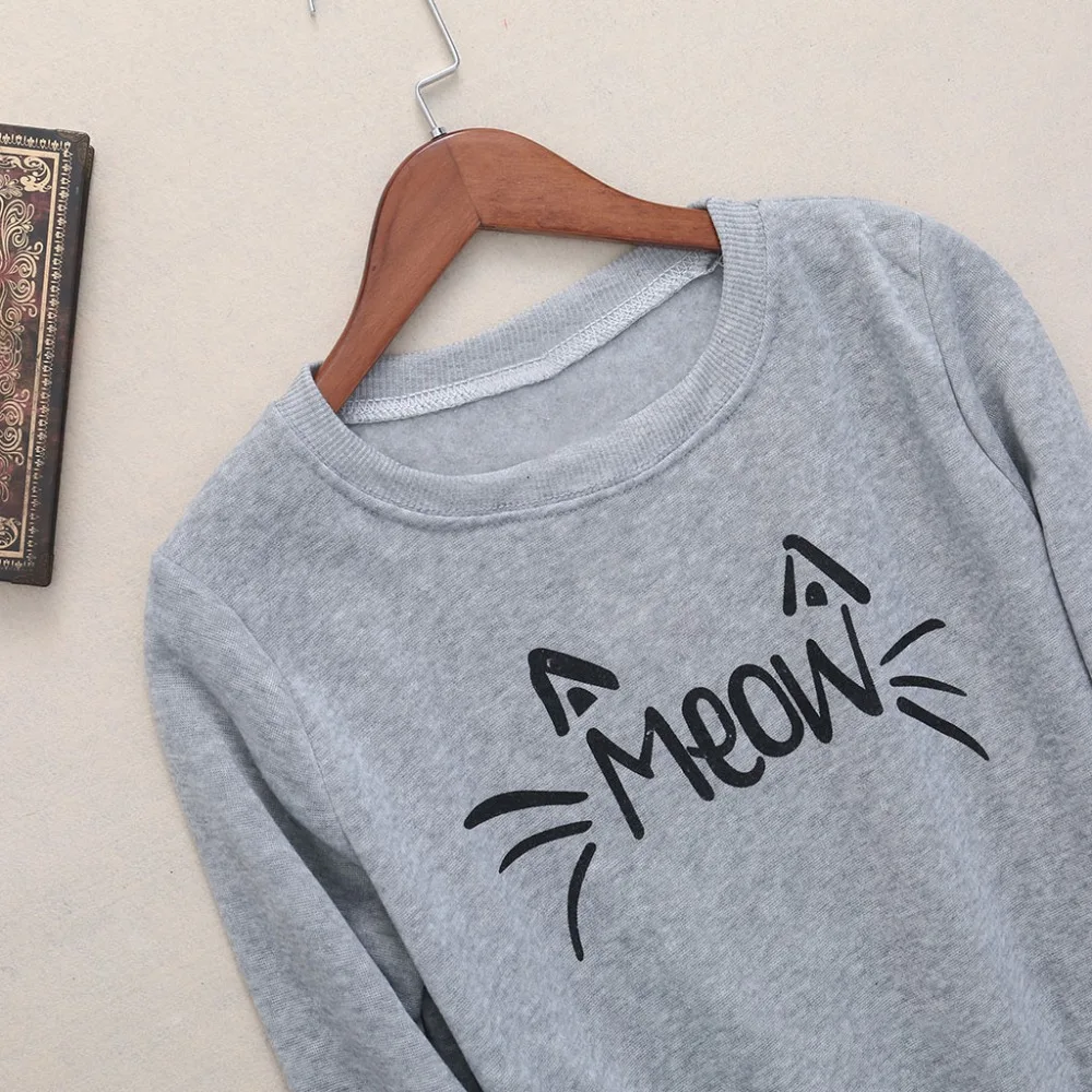 Autumn Charm Women Long Sleeve Sweatshirt MEOW Print Tops Jacket Coat Cozy Sweatshirt 2018 New THINKTHENDO