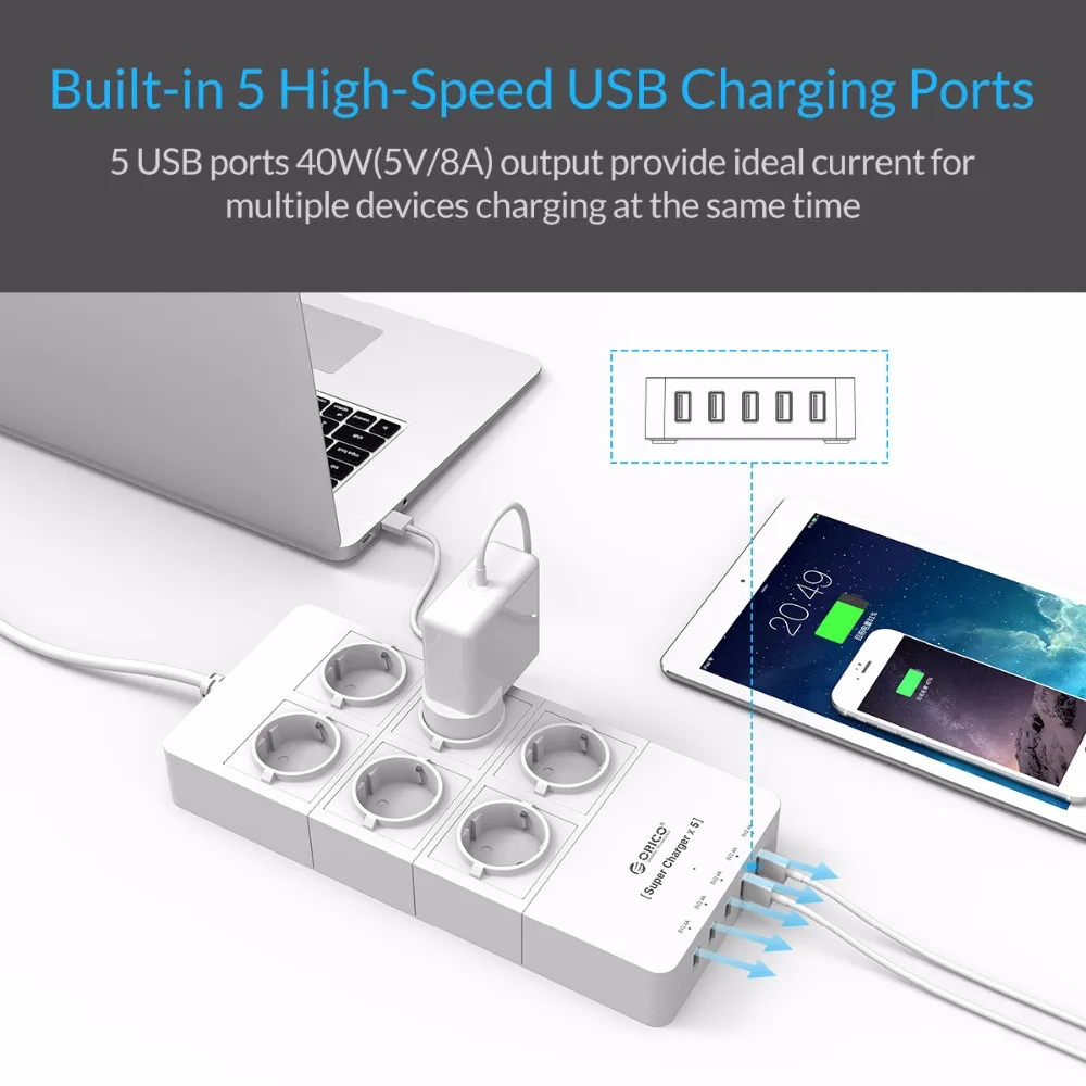 ORICO Smart Power Strip 6 AC 2500W Ports Surge Protection with 5 USB Charger 39W 1.5 Meter Cord | Мобильные телефоны и