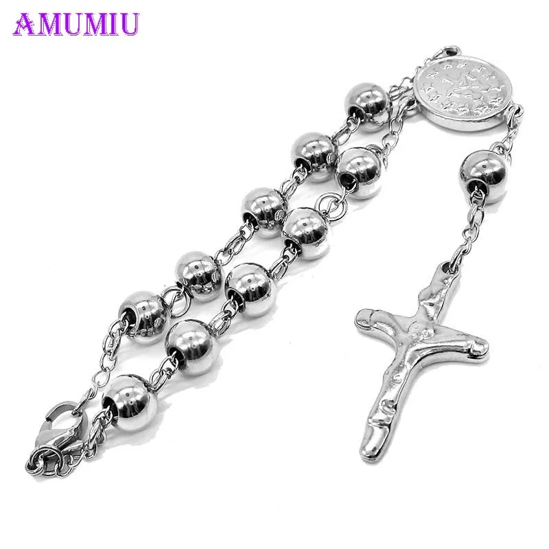 AMUMIU 20 см * 8 мм Модные металлические простые бусины Браслеты Четки 316l нержавеющая