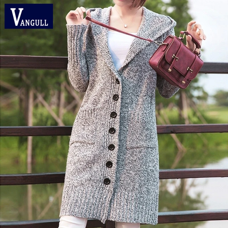 Вязанные женские свитера Vangull, женские модные кардиганы с капюшоном и длинным рукавом, Осенние новые однобортные повседневные длинные свитера