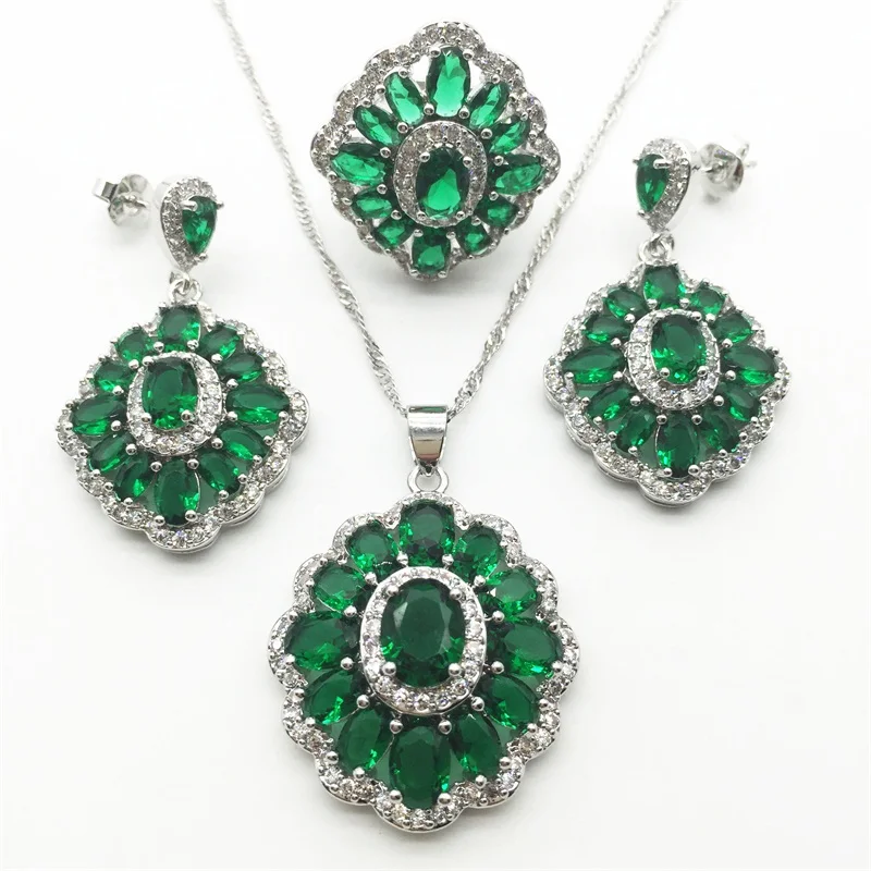 

Green Stones White Silver Jewelry Sets For Women Drop Earrings/Ring/Pendant /Necklace Free shipping