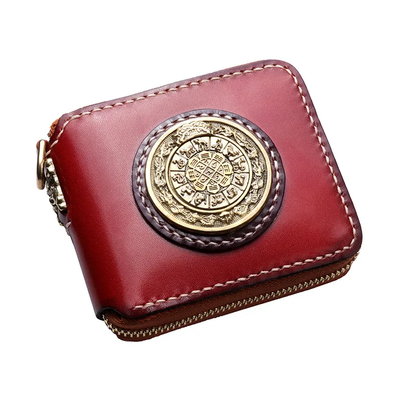 

Short Black Cow Leather Delicate Pendant Wallets Purses Women Design Of metal Disk Vegetable Tanned Leather Wallet Card Holder