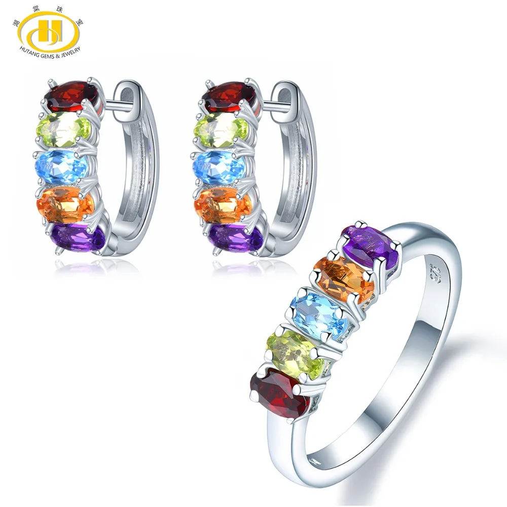 

Hutang Multi Gemstone Jewelry Sets Earrings Ring 925 Silver Natural Amethyst Garnet Citrine Fine Jewelry for Women Gift New 2019