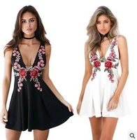2018 summer black and white vintage embroidered elegant women dresses v neck a line sexy party dresses vestidos verano