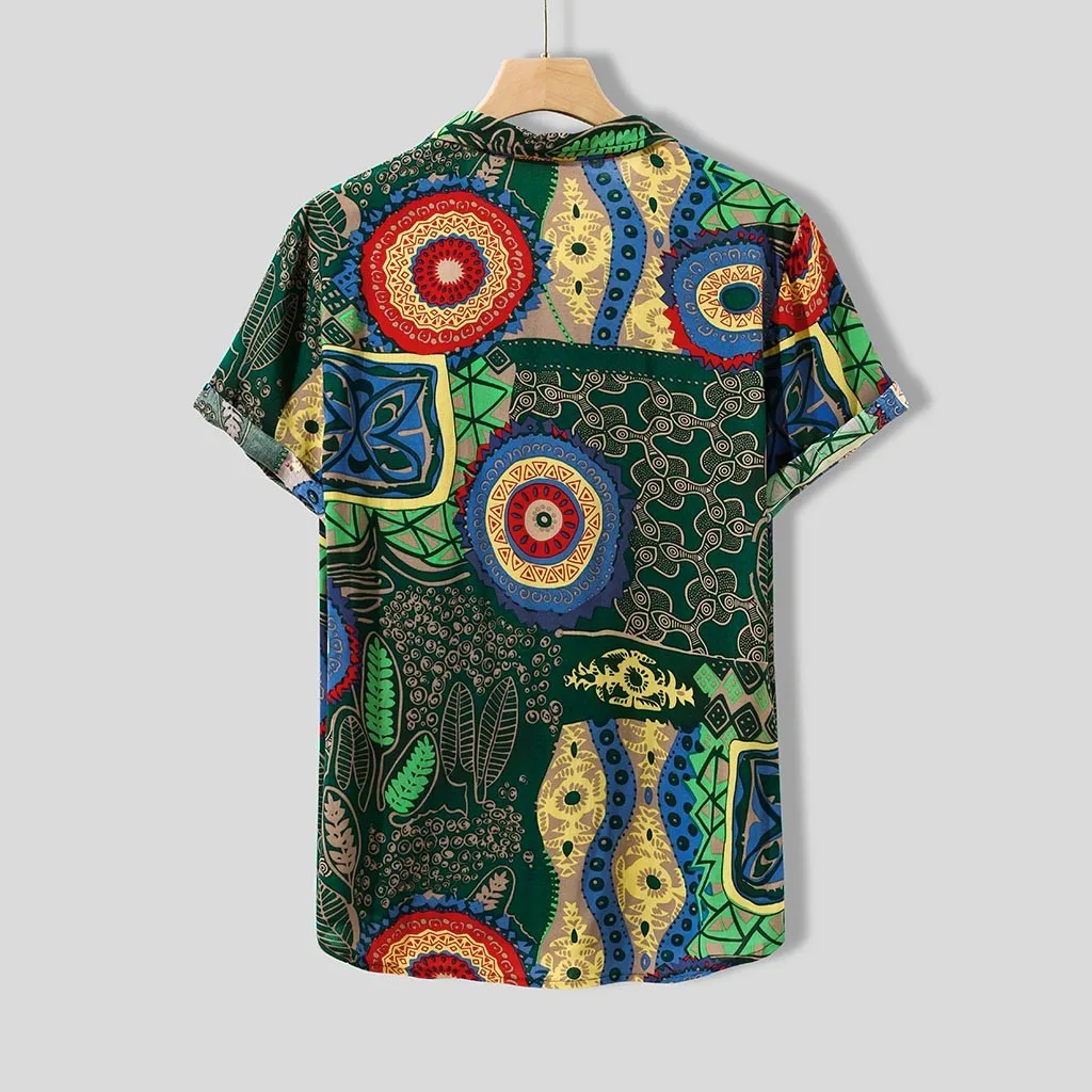 Hot sale New Summer Men Shirts Vintage Ethnic Printed Turn Down Collar Short Sleeve Loose Casual Tops camisas hombre
