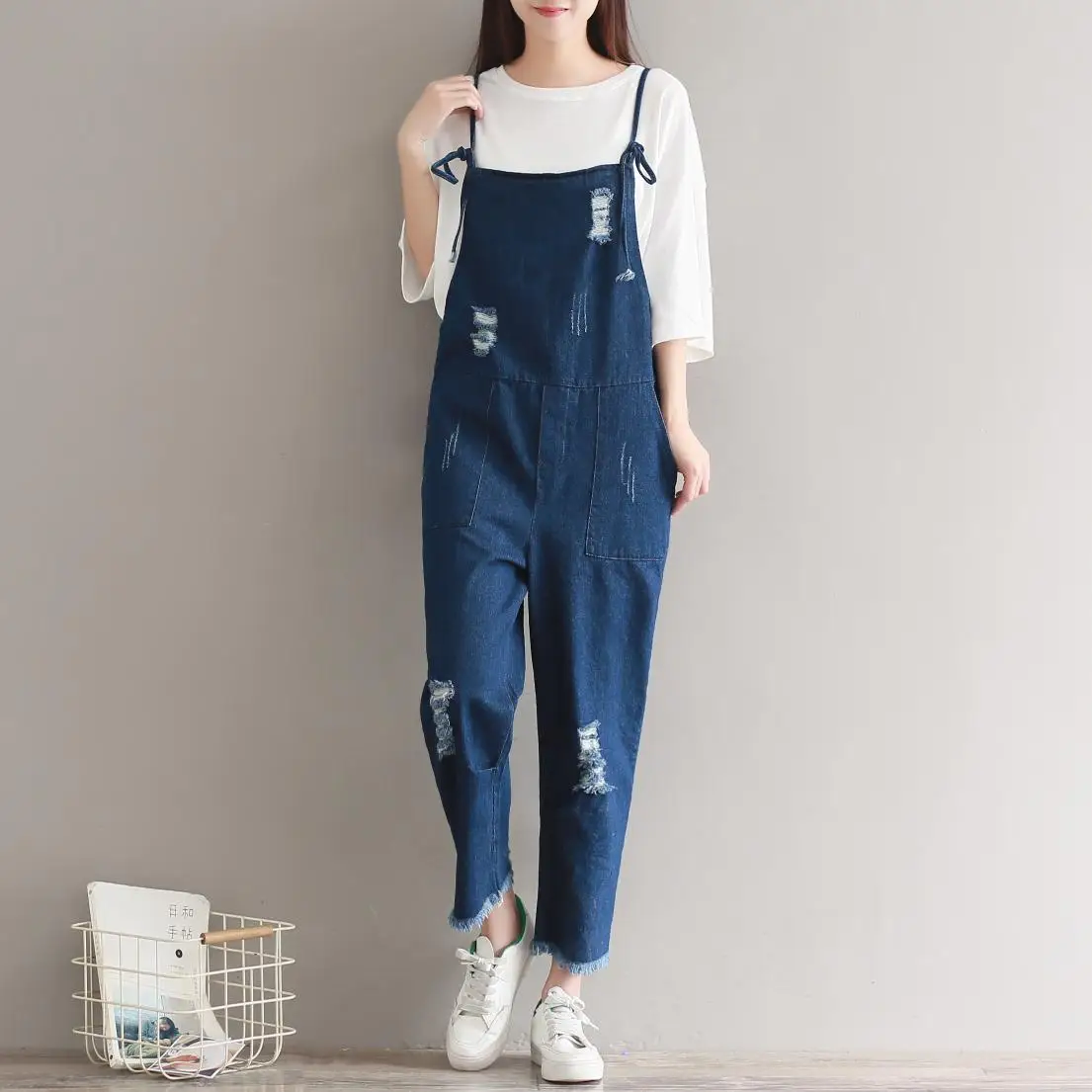 

vintage broken hole jumpsuit women 2018 spring autum korean fashion high waist ripped suspenders plus size denim overalls