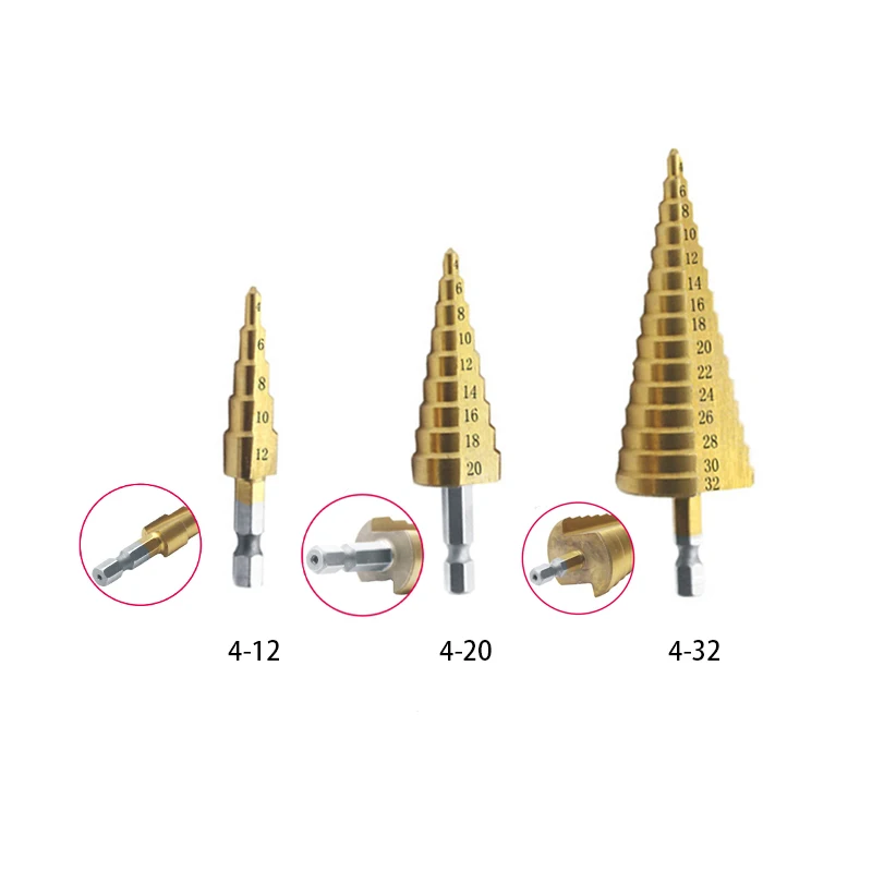 4-12mm/4-20mm/4-32mm Step Drills Cone HSS 4241 Steel Large Titanium Coated Metal Drill Bit Cut Tool Set Hole Cutter Wholesale |