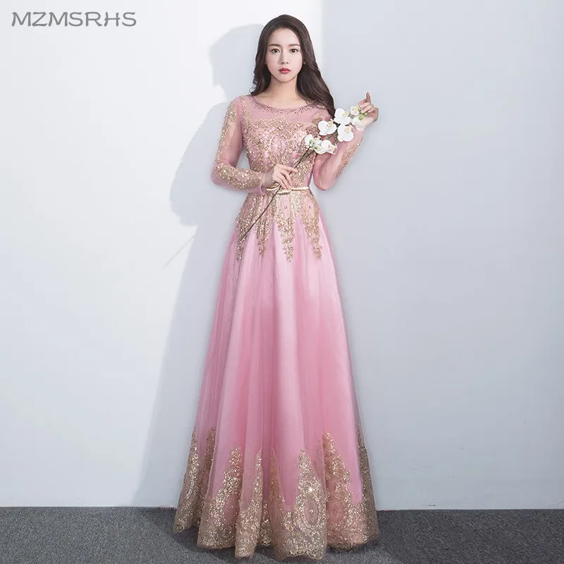 Розовые трапециевидные платья MZMSRHS с длинным рукавом для выпускного вечера