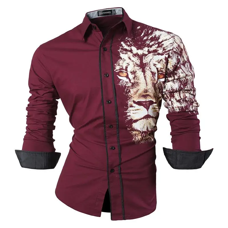 JZS049-WineRed Sportrendy Мужская рубашка платье повседневное с длинным рукавом Slim Fit Мода Дракон стильный JZS041 - Цвет: JZS049-WineRed