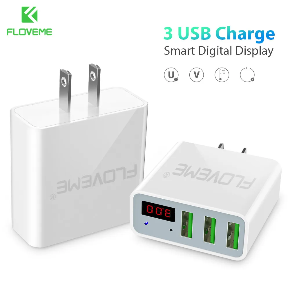 USB зарядное устройство FLOVEME Быстрая быстрая зарядка 3 порта светодиодный дисплей ЕС/США штекер Макс 5 в 2.4A мобильный телефон Смарт зарядное устройство для iPhone ноутбук зарядное устройство