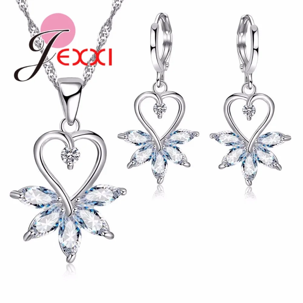 

925 Sterling Silver Bridal Wedding Jewelry Sets For Woman Heart Pendants Necklaces Earrings Set With Cubic Zircon Crystal