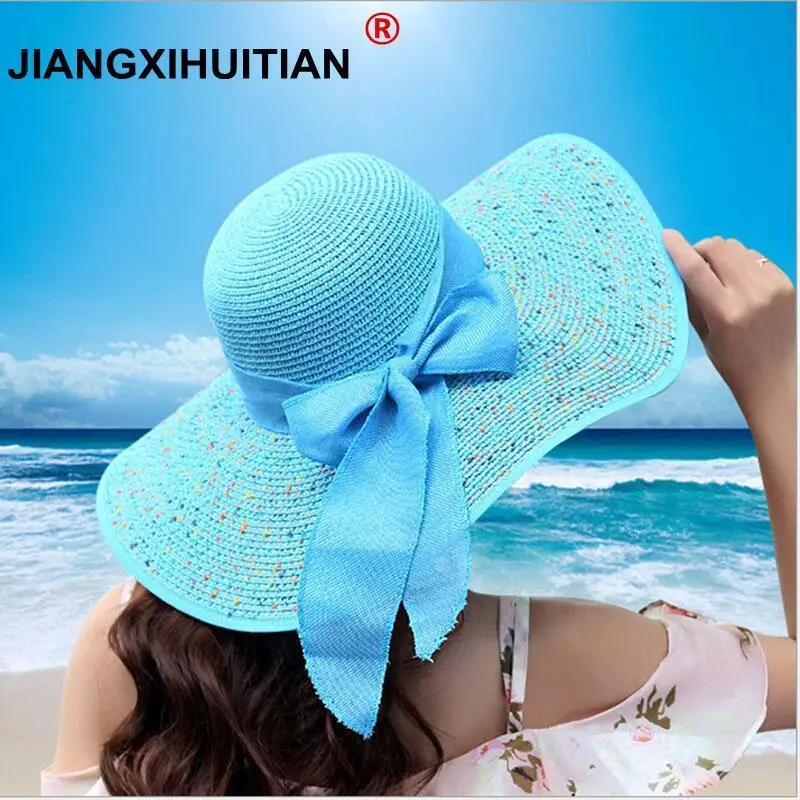 Фото Jiangxihuitian 2018 летние женские пляжные шляпы, складывающиеся шифоновые шляпы для защиты от солнца, повседневные женские шляпы с бантом №1