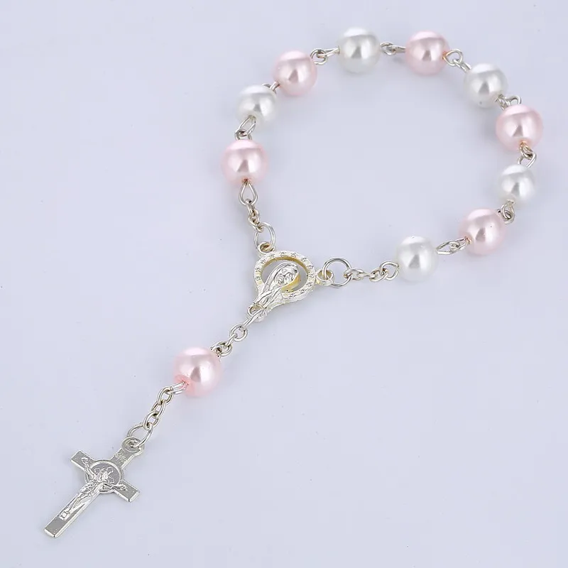 pink white Католические Четки Ожерелье, стеклянные бусины четки, католический крест религиозная цепь звено браслеты имитация жемчуга 12 шт./партия - Окраска металла: pink white