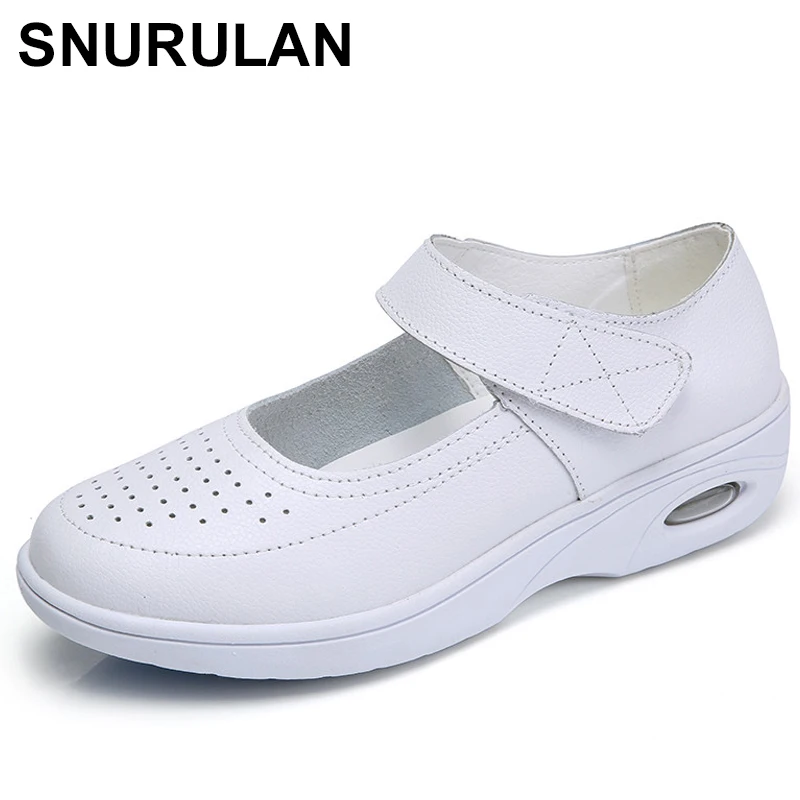 

SNURULAN2018 Casual Women Shoes Solid White Flats Nurse Shoes Flat Platform Split Leather Ladies Shoes Slip On Zapatos MujerE218