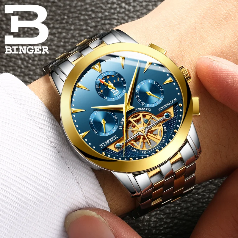 Tourbillon Men Top Luxury Brand Watches Automatic Mechanical Watch Stainless Steel Waterproof BINGER relogio masculino B 1188G|masculino|masculinos