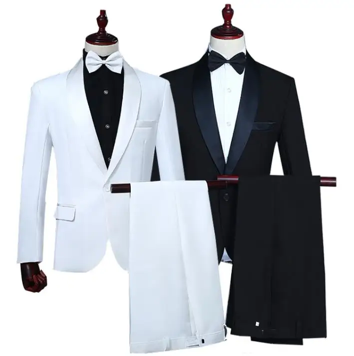 Singer star style dance stage clothing men groom suit set with pants mens wedding suits black white fashion formal dress tie
