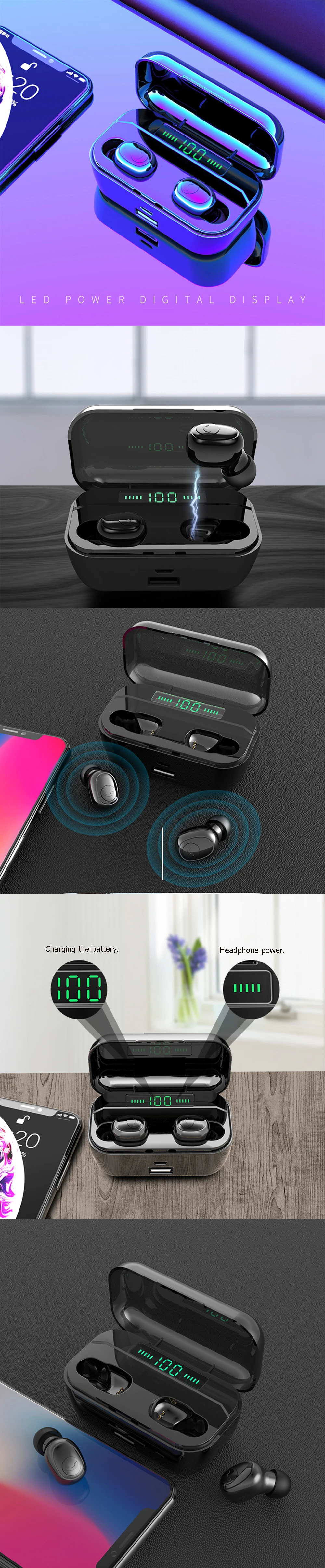 Светодиодный дисплей, стерео наушники, Bluetooth 5,0, беспроводные Bluetooth наушники, наушники, 2200 мАч, внешний аккумулятор, наушники, водонепроницаемые