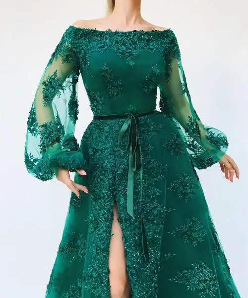 

Dark Green Muslim Evening Dresses Off the Shoulder Lantern Slit Lace Islamic Dubai Saudi Arabic Long Evening Gown Prom Dress-in