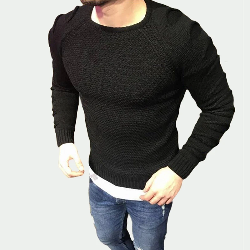 Fashion Winter Autumn Sweater Men Pullover Slim Fit Solid Color Knitted Hole Long Sleeve Jumper Male Elastic Basic Tops | Мужская одежда