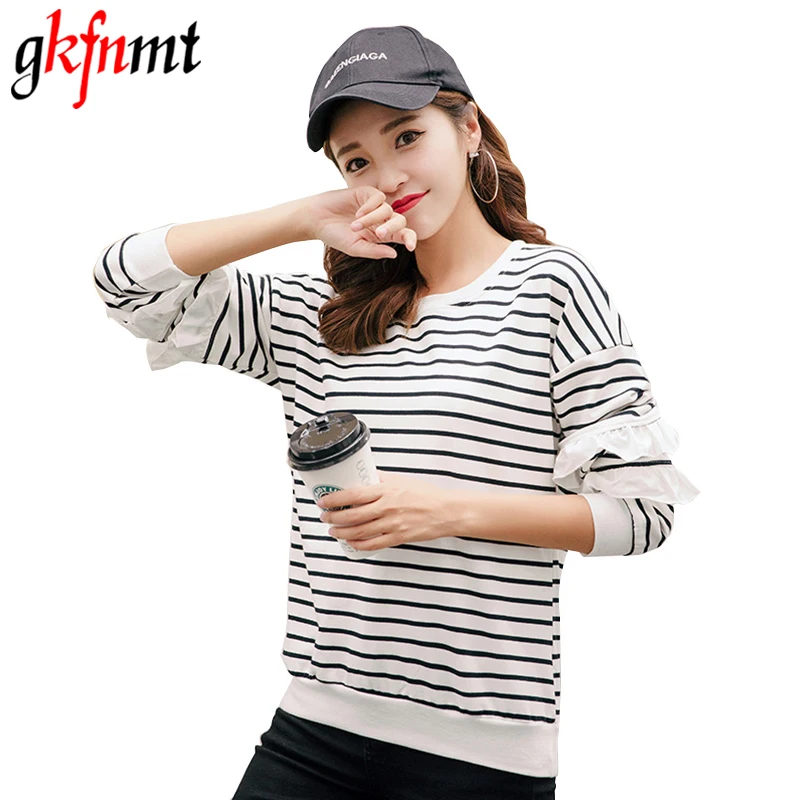 Gkfnmt Striped Petal Sleeve Floral Tshirt 2018 Autumn T Shirt Women Long Tee Femme Loose O-Neck Korea Top | Женская одежда
