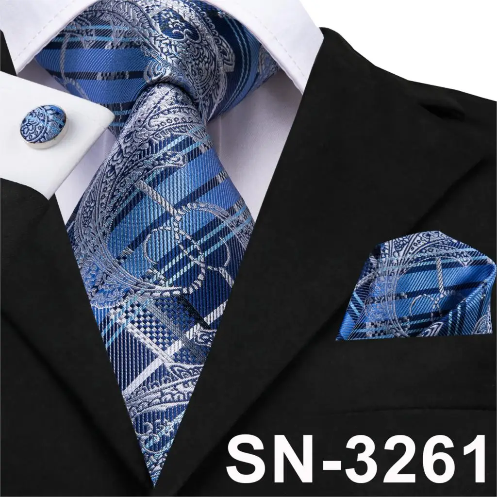 SN-3261 Hi-Tie Мужской Шелковый галстук клетчатый зеленый/синие галстуки Hanky набор запонок подарок полосатый галстук подарок для свадебной вечеринки Прямая поставка - Цвет: SN-3261