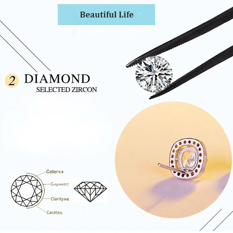 

Elegant Crystal Earrings Wedding Sterling Silver 925 Sterling Fashion Square Women Cubic Zirconia Stud Earring Jewelry
