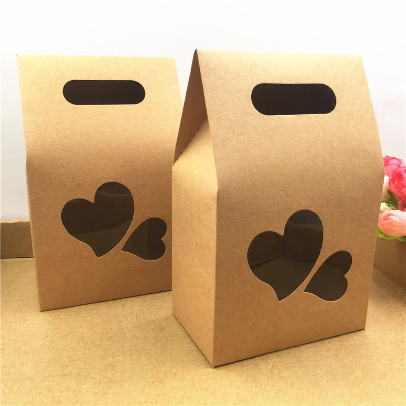 

12Pcs Stand Up Brown Kraft Paper Bag With Two Heart Window for Wedding/Gift/Jewelry/Food/Candy/Bread Package Paper Box Easy Take