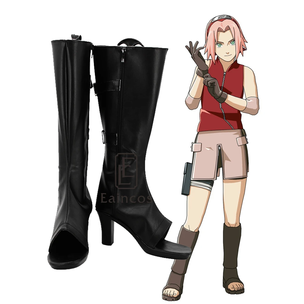 Аниме Наруто Shippuden костюм сакуры Харуно обувь для косплея черные ботинки с открытым носком на заказ