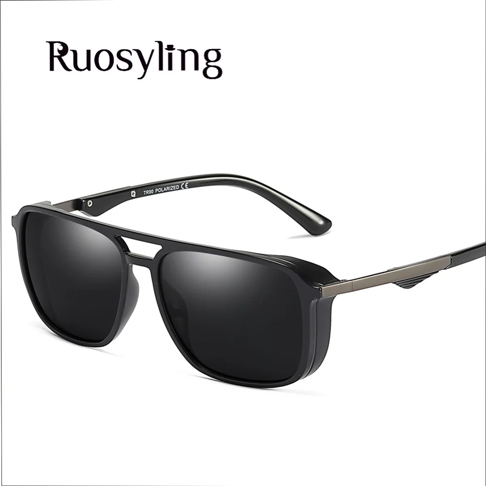 Bright Black Ruosyling Мужчины Солнцезащитные Очки Поляризованные TR Квадратная Рамка UV 400 Очки Для Мужчин Открытый Вождение Рыбалка Ультра Легкие Солнцезащитные Очки Мужчины Новое Прибытие - Цвет линз: Bright Black