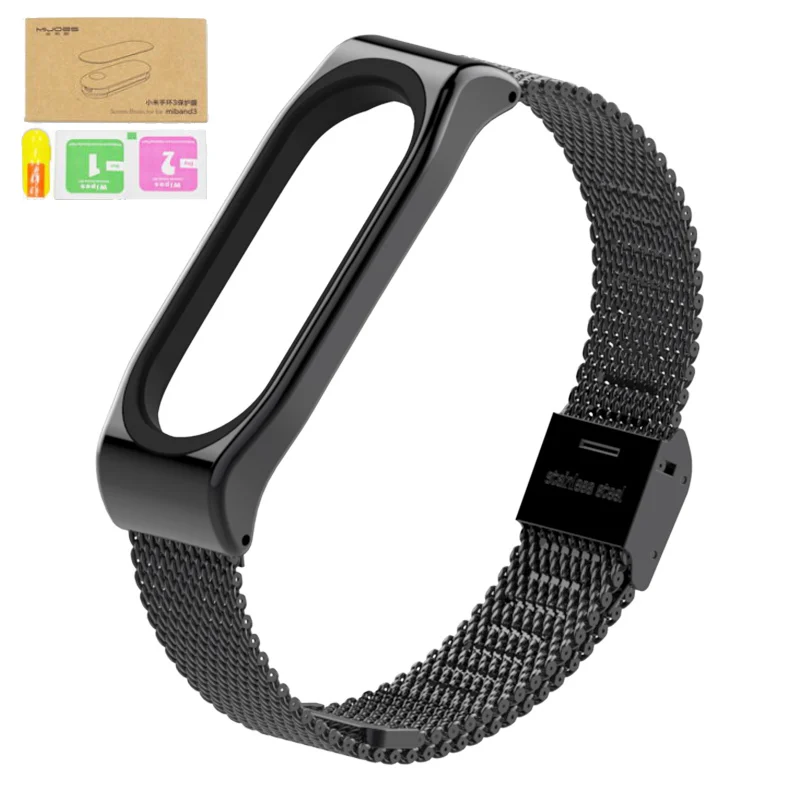 Black free film Для Xiaomi mi Band 3 металлические ремешки mi lanese классический ремешок для mi band 3 Безвинтовой браслет из нержавеющей стали для mi Band 3 - Цвет: Black free film