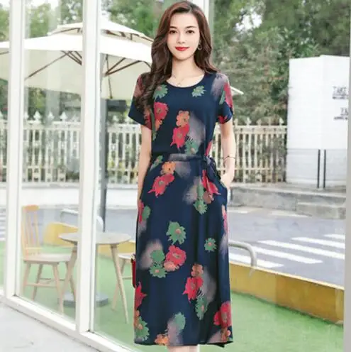 

New 2019 New Plus Size Fashion Print Loose Dress Women Summer Dresses Casual Short Sleeve Long Dresses RE2383