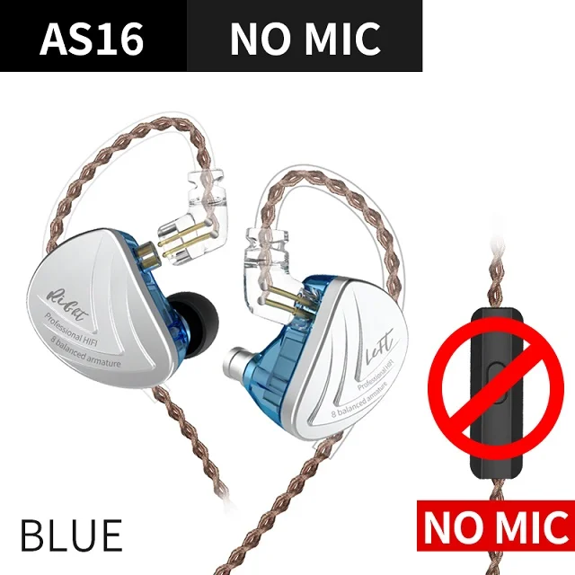 Blue no mic AS16 8BA 8 сбалансированных арматурных драйвер в ухо наушники HIFI монитор с басом наушники для KZ ZS10 AS10 ZST ZSN PRO ZS10 PRO - Цвет: Blue no mic
