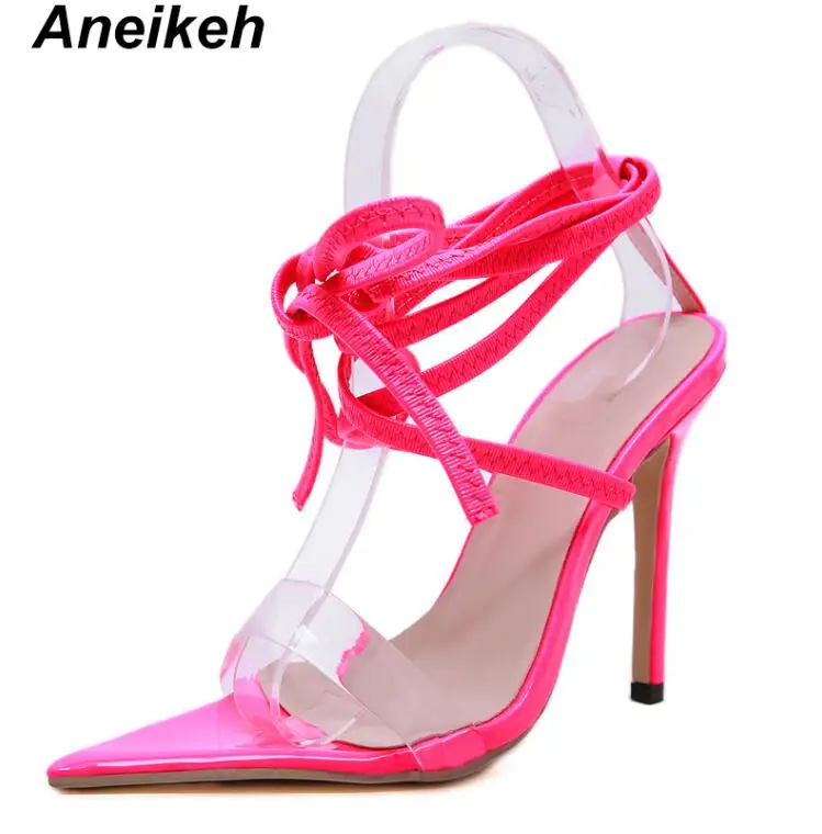 Rose red Aneikeh/ г. Летние модные женские босоножки из ПВХ модельные туфли с перекрестной шнуровкой на тонком каблуке с закрытым носком женские вечерние туфли-лодочки, Размеры 35-40 - Цвет: Rose red