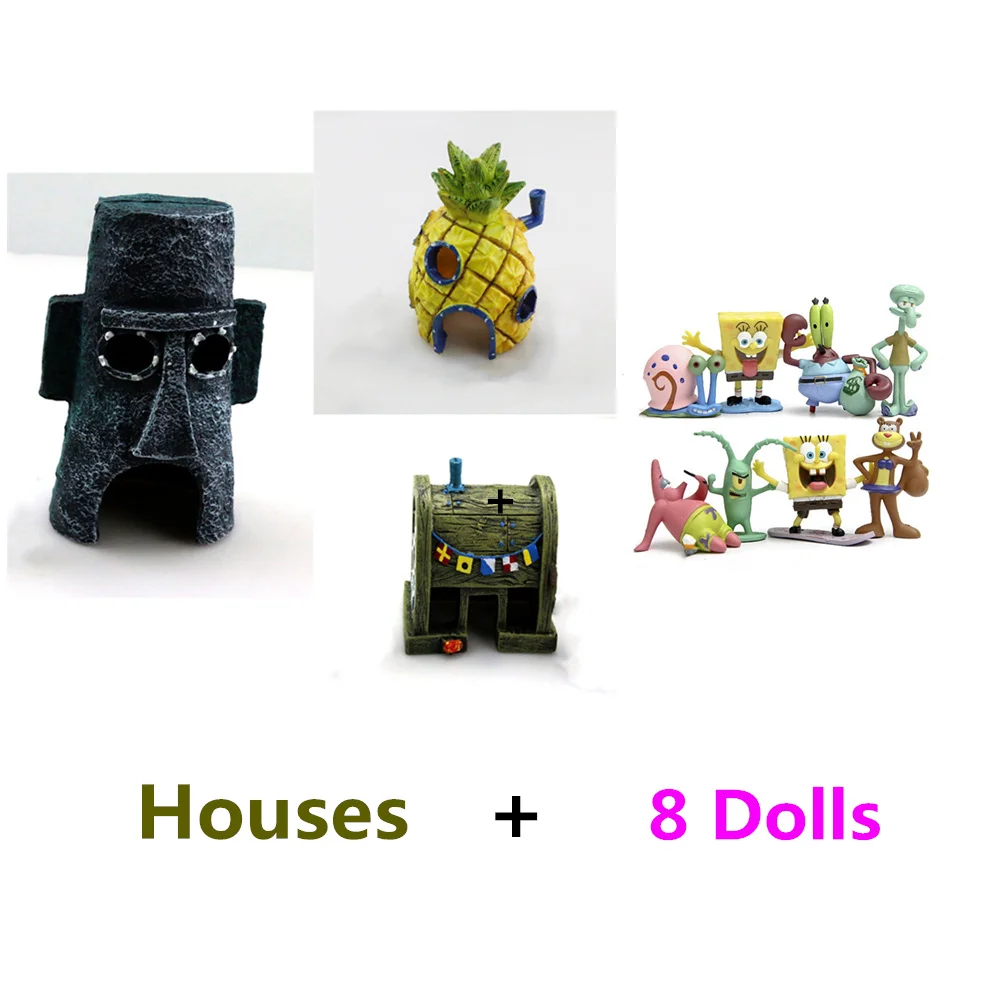 house and 8 dolls Губка Боб украшения аквариума аквариум украшения набор из 3 дом в форме ананаса и сквидворд Пасхальный остров и Красти краб - Цвет: house and 8 dolls
