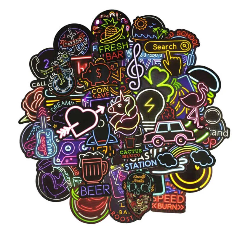 as the picture show 50Pcs/Pack Neon Light Stickers Scrapbooking Stickers Waterproof Adhesive Stickers For DIY Laptop Suitcase Bike Scrapbook Sticker - Цвет: as the picture show