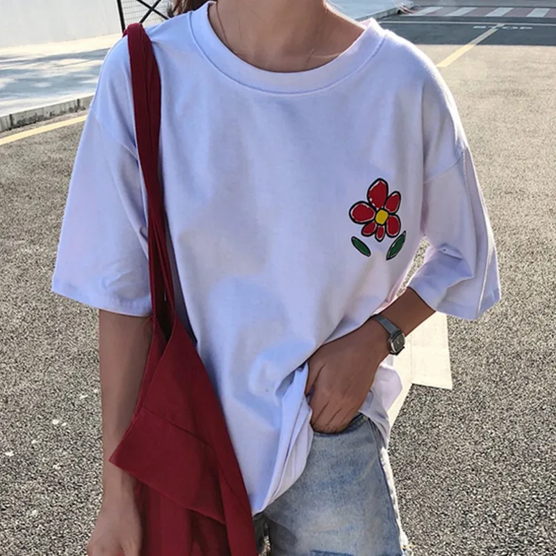 EXOTAO Kawaii футболка с цветочным принтом Женская свободная Harajuku белая женская