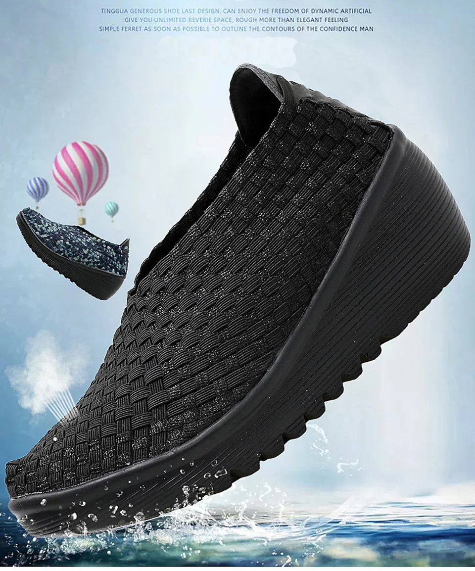 EOFK Breathable Women Woven Shoes loafers Handmade Elastic Woven Slip On Nylon Platform Wedges Shoes Woman
