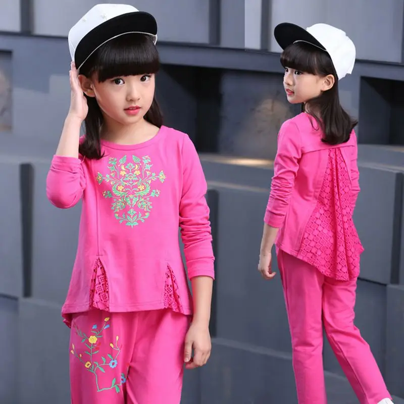 Новая Девушка Весна Осень детская Одежда Костюм 2017 Хан издание сладкий Топы +