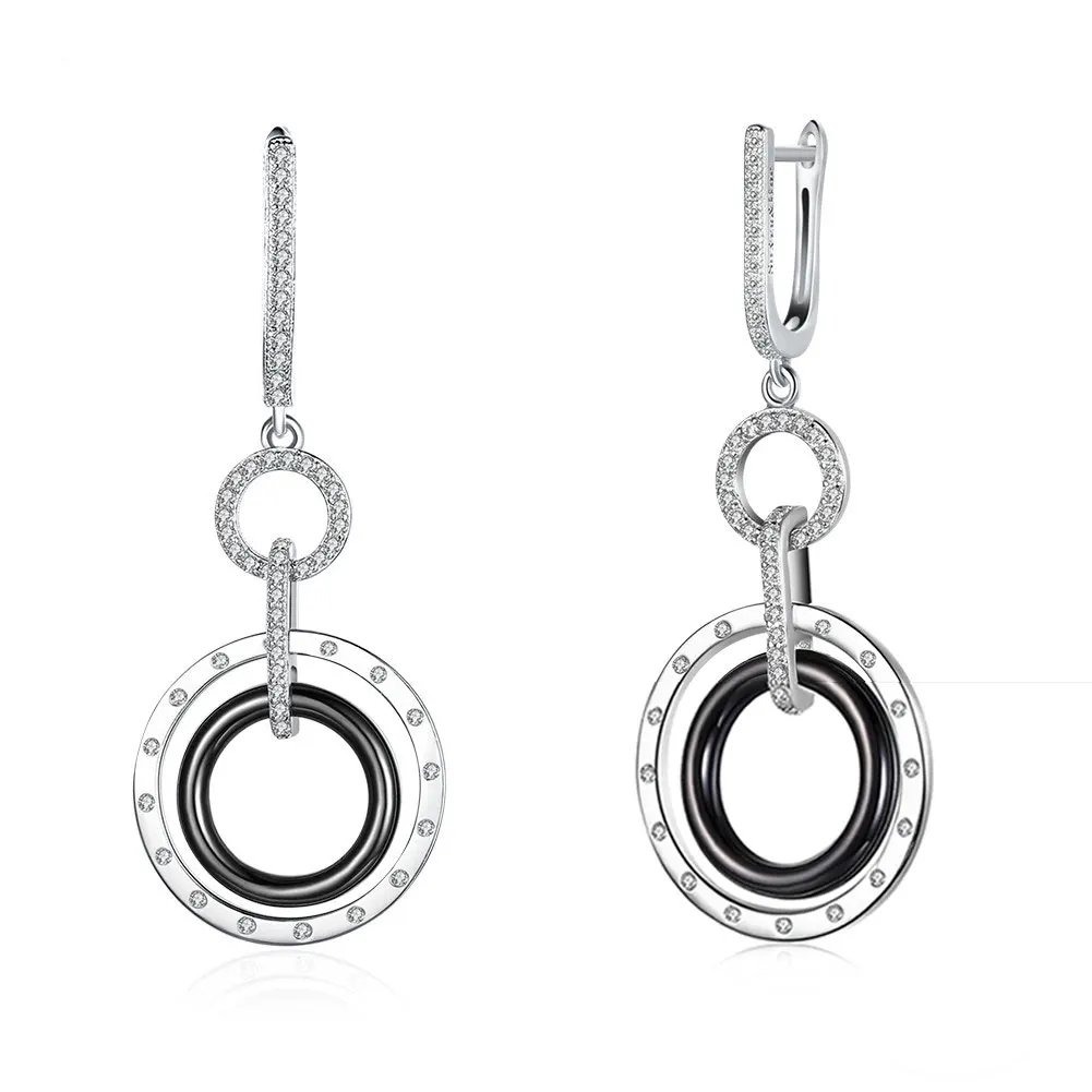 

925 Sterling Silver Drop Earrings Women Fashion Round White Black Ceramic Hoop 3A+ Zircon CZ Dangle Earrings Lady Party Jewelry