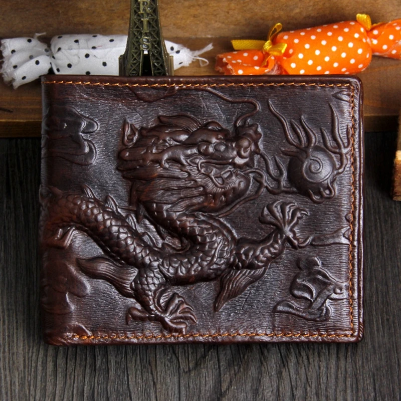 

High Quality Men's Genuine Leather 2018 new well-known brand design men's short wallet Chinese wind purse 3D real dragon wallet