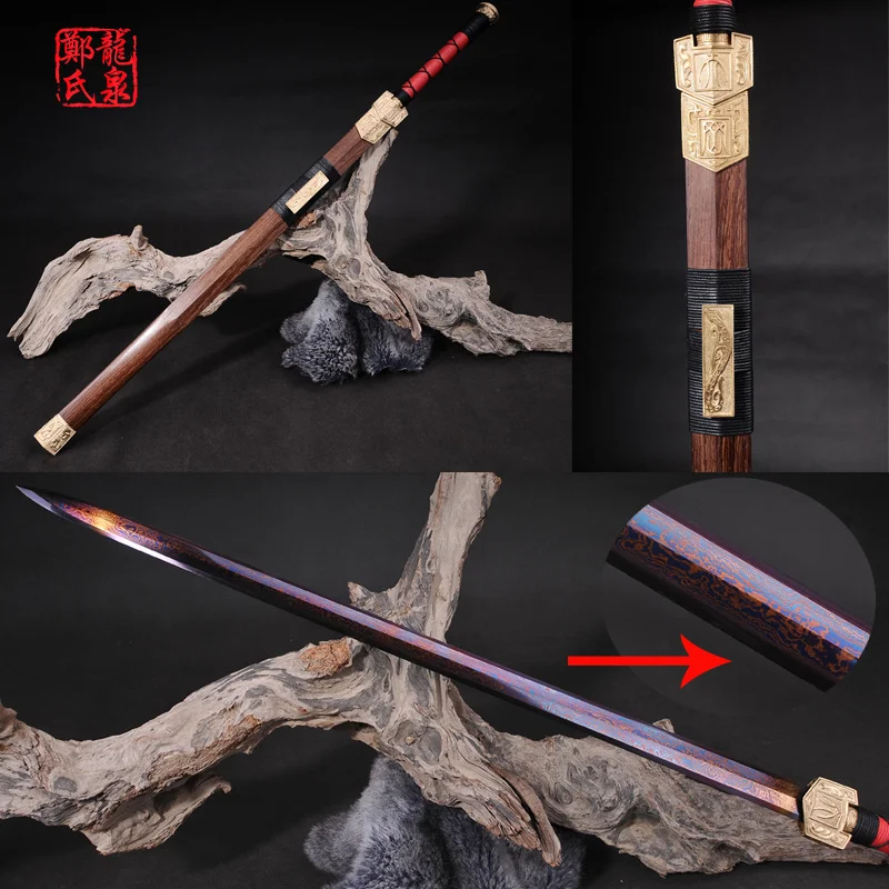 

Китайский меч, лезвие из настоящей высокоуглеродистой стали с узором, ножницы из розового дерева, металлическое ремесло, украшение для дома...