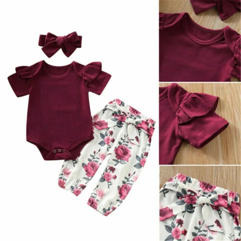 

US Newborn Infant Girls Tops Romper Floral Pants Headband Outfits Clothes 3PCS