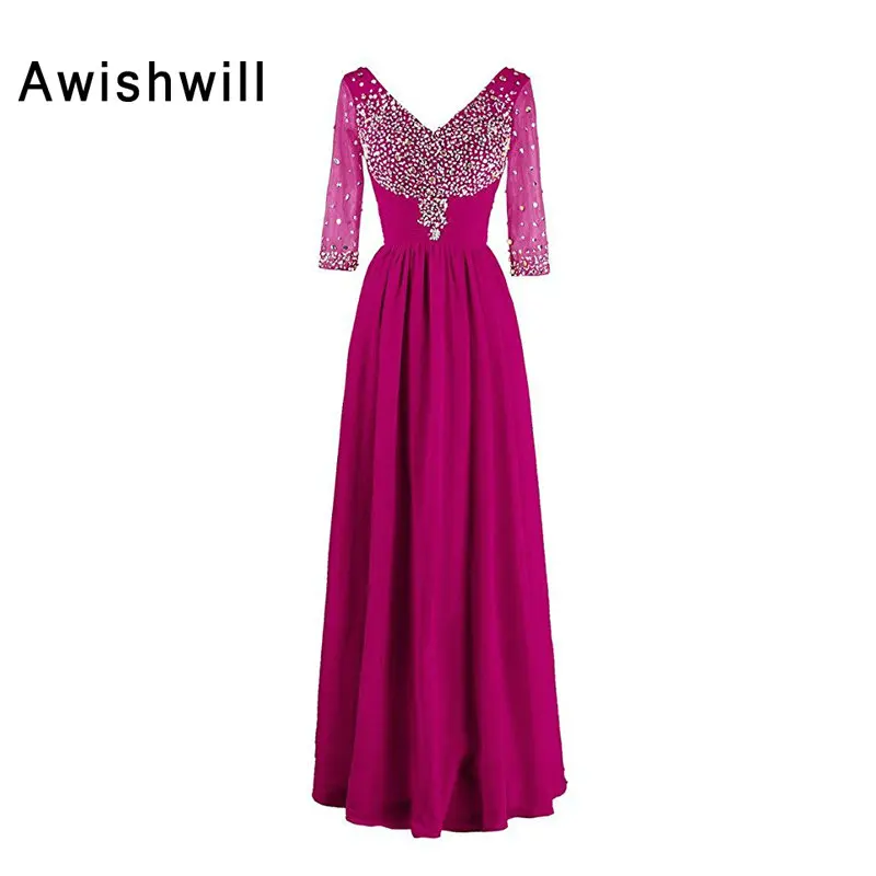 New Arrival 2020 Long Evening Dress With 3/4 Sleeves V-neck Beadings Chiffon Banquet Mother of The Bride Dresses Robe De Soiree | Свадьбы и