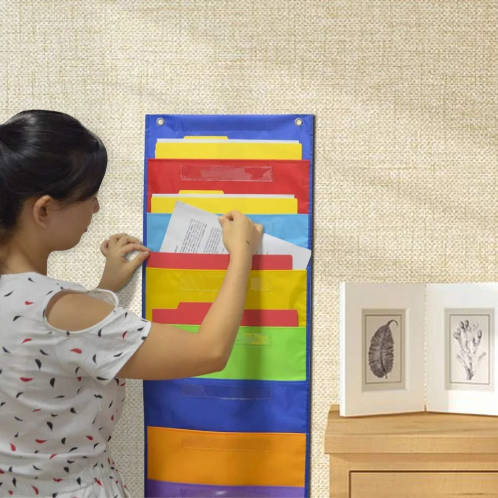 Wall Hanging Pocket Chart, Fabric File Folder Holder, Colorful Cascading File Organizer for Classroom, Home Filing, Office